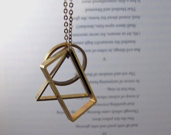 Vertex - Long Brass Geometric Necklace with Rectangle, Circle and Triangle Pendants (Collier Sautoir Géométrique en Laiton) by InfinEight