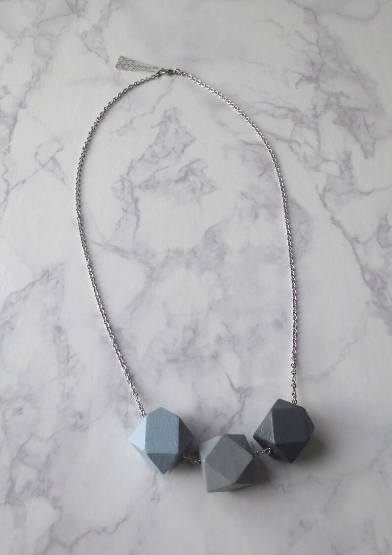 Quindecim Wood Block Geometric Necklace Silver and Blue, Grey Ombré Polyhedron Collana Geometrica / Collier Gris en Bois by InfinEight image 4