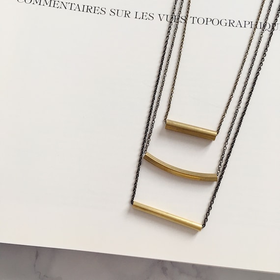 Niveau3 - Three-Strand Brass Bar Necklace; Triple Tier Layered Chains & Curved Tube Pendants (Collier Géométrique Multirang) by InfinEight