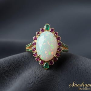 Op de afbeelding: Een gouden ring met een grote, ovale opaal, omringd door kleinere rode en groene edelstenen. De ring heeft een dubbele band en staat tegen een donkere achtergrond. Het is een sieraad.