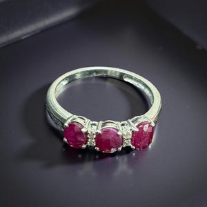 Three Stone Ruby Ring • Sterling Silver Natural Red Gemstone Band • Oval Cut Ruby Anniversary Ring • Promise Jewelry for Women Gift for Wife