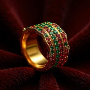 18k Gold Pleted Ruby Emerald Ring: Wide Vintage Statement Band Luxury Statement Jewelry Gift