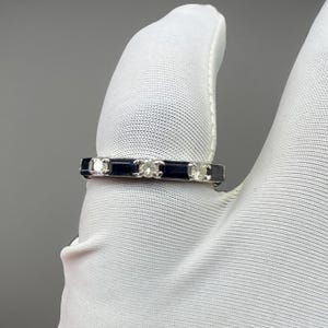 Natural Blue Sapphire Baguette Ring: Diamond Band, Sterling Silver Wedding Band