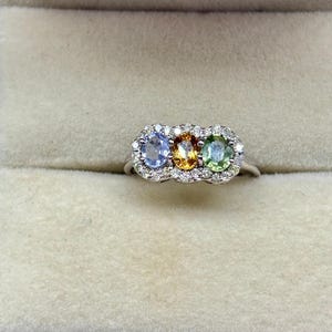 Multi Sapphire & Diamond Ring: Sterling Silver Three-Stone Promise Ring Handmade Jewelry