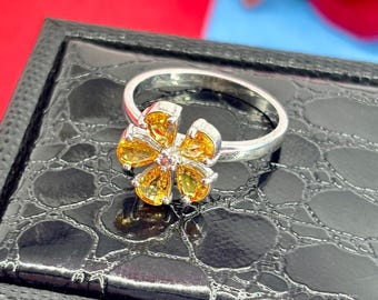 Yellow Sapphire Flower Ring: Diamond Accent, 925 Sterling Silver
