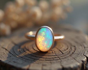 Natural Opal Ring: Dainty Gold Plated October Birthstone Jewelry