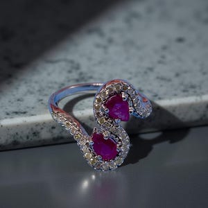 Bypass Ruby Gemstone with Diamond Ring • Sterling Silver Double Pear Shape Ring • Red Gemstone Cocktail Ring • Unique Anniversary Jewelry