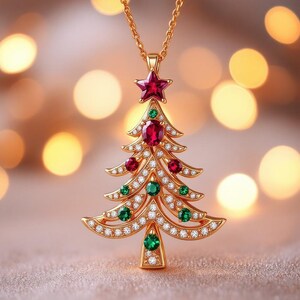 May include: A gold-coloured Christmas tree pendant necklace with a star on top. The tree is adorned with red and green gemstones and small white gems. The necklace is on a gold chain.