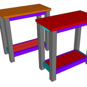 May include: Two small wooden tables with a shelf. One table has a brown top, the other has a red top. Both have grey legs, purple trim, and a red shelf. The tables are side by side.