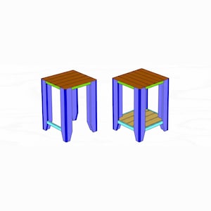 May include: Two square side tables with brown wooden tops, light green support rails, and purple legs. The table on the right features an additional lower shelf made of brown wooden slats supported by light blue rails between the purple legs.
