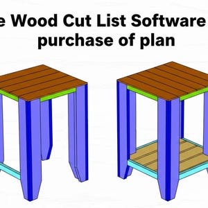 May include: Two side-by-side, 3D-rendered wooden side tables. The tables have a brown top, blue legs, and a light green accent. One table has a shelf. The text at the top says "Free Wood Cut List Software with purchase of plan."