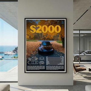 Plakat Honda S2000 AP1 | Grafika ścienna z samochodem sportowym JDM | Styl Blueprint do pobrania w wersji cyfrowej