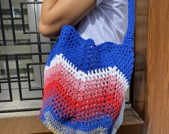 Handmade Crochet Shoulder Bag, Colorful Boho Tote, Eco-Friendly Market Bag, Knitted Summer Handbag