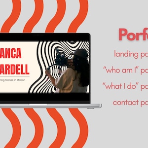 Peut inclure: Un écran d'ordinateur portable affiche le site web d'un portfolio pour Bianca Wardell, vidéaste. Le site web présente un fond crème avec le nom "BIANCA WARDELL" en rouge et le slogan "Capturing Stories in Motion". La navigation du site comprend des liens vers une page d'accueil, une page "who am I", une page "what I do" et une page de contact.