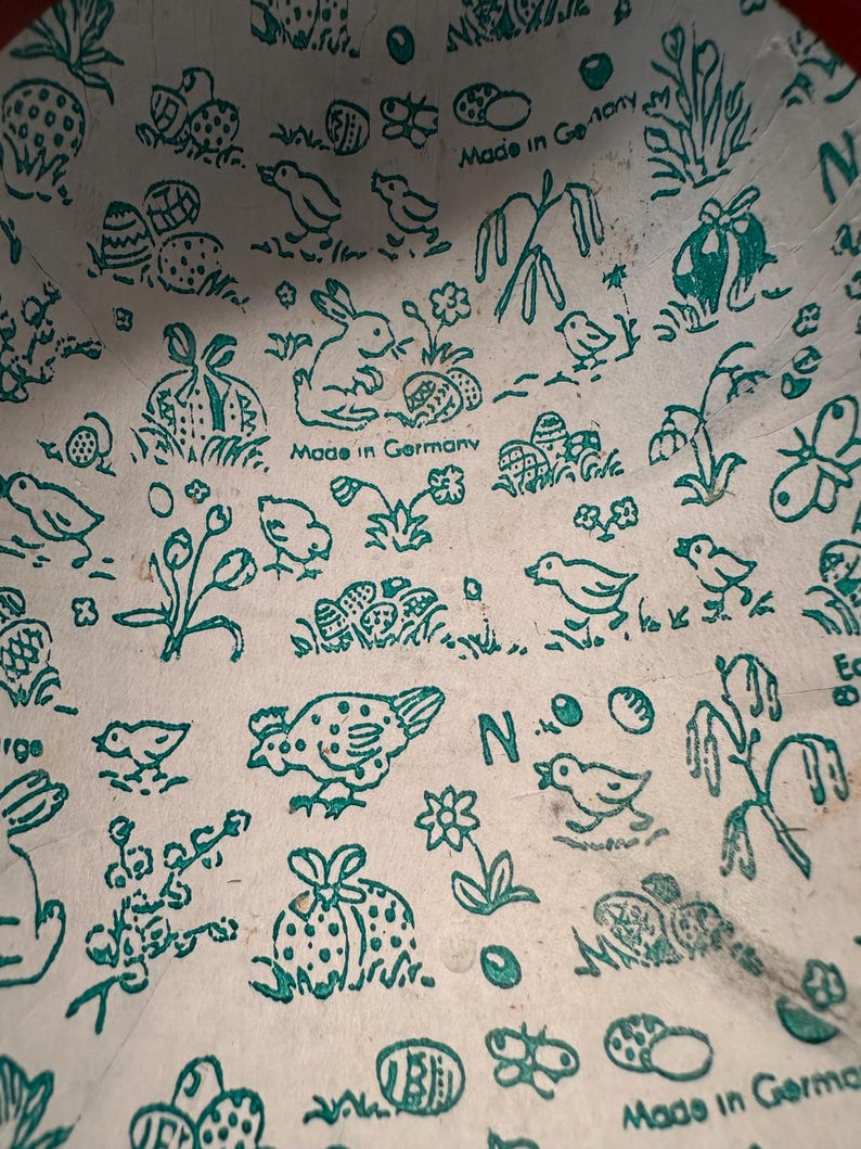 May include: Close-up of a white paper container with a teal Easter-themed pattern. The design includes bunnies, eggs, chicks, and the text "Made in Germany". The container has a slightly worn appearance.