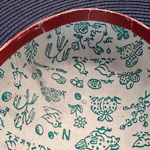 May include: Close-up of the inside of a round, vintage container with a red rim. The interior is white with a repeating pattern of teal-colored illustrations of birds, flowers, and other shapes. The text "Made in Germany" is visible.