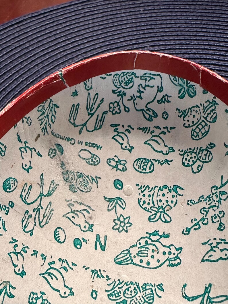 May include: Close-up of the inside of a round, vintage container with a red rim. The interior is white with a repeating pattern of teal-colored illustrations of birds, flowers, and other shapes. The text "Made in Germany" is visible.