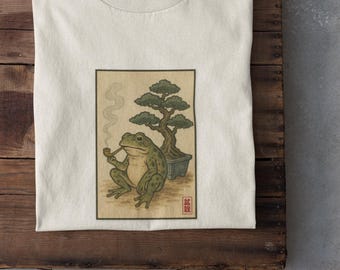 Japanese Frog & Bonsai Graphic Tee: Oversized Cotton Nature Shirt