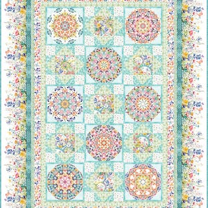 May include: A floral quilt with a light blue background and a floral border. The quilt features circular and square patterns with floral designs in shades of pink, yellow, and blue. The quilt is rectangular.