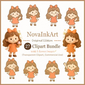 Cute Girl Clipart in Orange Dress – 27 PNG Bundle (with 5 Bonus NEW Images) – Commercial License