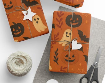 Halloween Wrapping Paper, Ghost Gift Wrap, Bat Print, Jack O Lantern, Spooky Gift Wrap, Halloween Party
