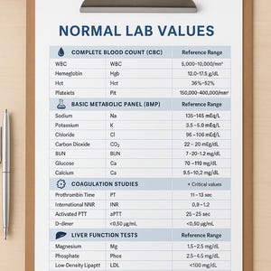May include: A medical chart titled "NORMAL LAB VALUES" with a clipboard clip. The chart lists reference ranges for blood tests, including Complete Blood Count, Basic Metabolic Panel, Coagulation Studies, and Liver Function Tests.