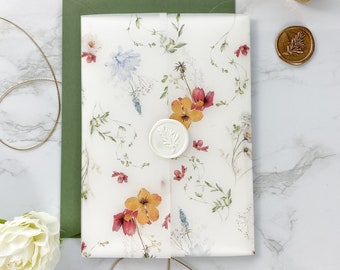 Printable Wedding Vellum Wrap Template - Bold Wildflowers Theme | DIY 5x7 Invite Jacket Download