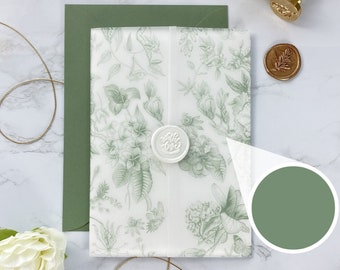 Printable Wedding Vellum Wrap - Sage Green Toile | DIY 5x7 Invite Jacket Download