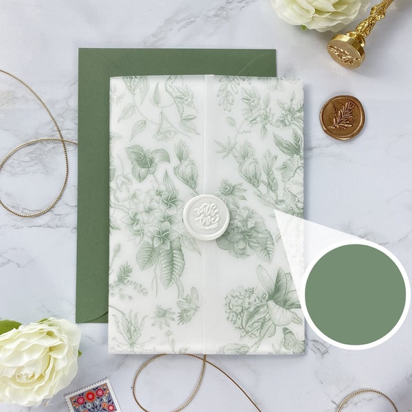 Printable Wedding Vellum Wrap - Sage Green Toile | DIY 5x7 Invite Jacket Download