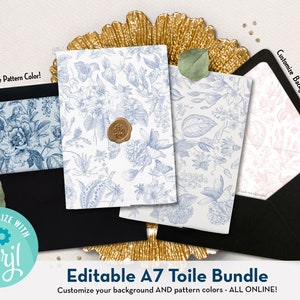 Bearbeitbares Toile Printable Bundle mit A7 Pergamentpapier und A7 Umschlageinlagen - druckbare Vorlagen für 5x7 Hochzeitseinladungen