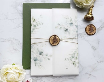 Enveloppe de vélin de mariage imprimable - Thème de verdure luxuriante d'eucalyptus | Veste d'invitation DIY 5x7Télécharger