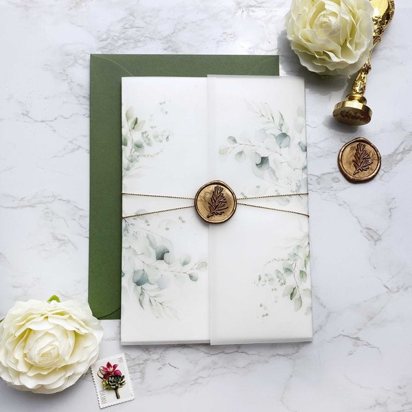 Printable Wedding Vellum Wrap - Eucalyptus Lush Greenery Theme | DIY 5x7 Invite Jacket Download