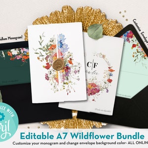 Wildflower Editable Printable Bundle with A7 Vellum Wrap and A7 Envelope Liners - Printable Templates for 5x7 Wedding Invitations
