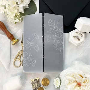 White Ink Printed Florals Vellum Wrap Jackets | For 5x7 Wedding Invitation | Line Drawn Floral Design | Printed  5x7 Invitation Sleeve