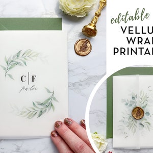 Bewerkbare Vellum Wrap afdrukbare sjabloon voor 5 x 7 huwelijksuitnodigingen | Eucalyptus groen vellum wrap