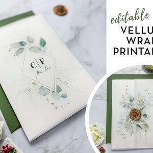 Editable Vellum Wrap Printable Template for 5x7 Wedding Invitations | Gold Eucalyptus Greenery Vellum Wrap