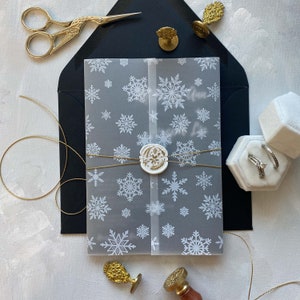 White Ink Printed Snowflake Vellum Wrap Jackets | For 5x7 Wedding Invitation | Snowflake Design | Printed  5x7 Invitation Sleeve