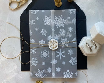 White Ink Printed Snowflake Vellum Wrap Jackets | For 5x7 Wedding Invitation | Snowflake Design | Printed  5x7 Invitation Sleeve