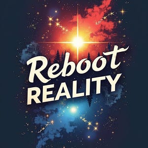 Op de afbeelding: Digitale kunstprint met de tekst "Reboot Reality". De achtergrond toont een hemelse scène met een heldere ster, rode en blauwe wolken en sterrenbeelden.