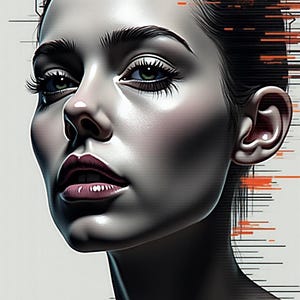 May include: Digital art portrait of a woman with fair skin, green eyes, and dark hair. The image has a futuristic aesthetic with orange and black linear accents. The woman's lips are a deep red, and her expression is serene.