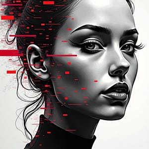 May include: Black and white digital art portrait of a woman with dark hair styled in a bun. Red pixelated lines and squares overlay the image. She wears a black turtleneck.