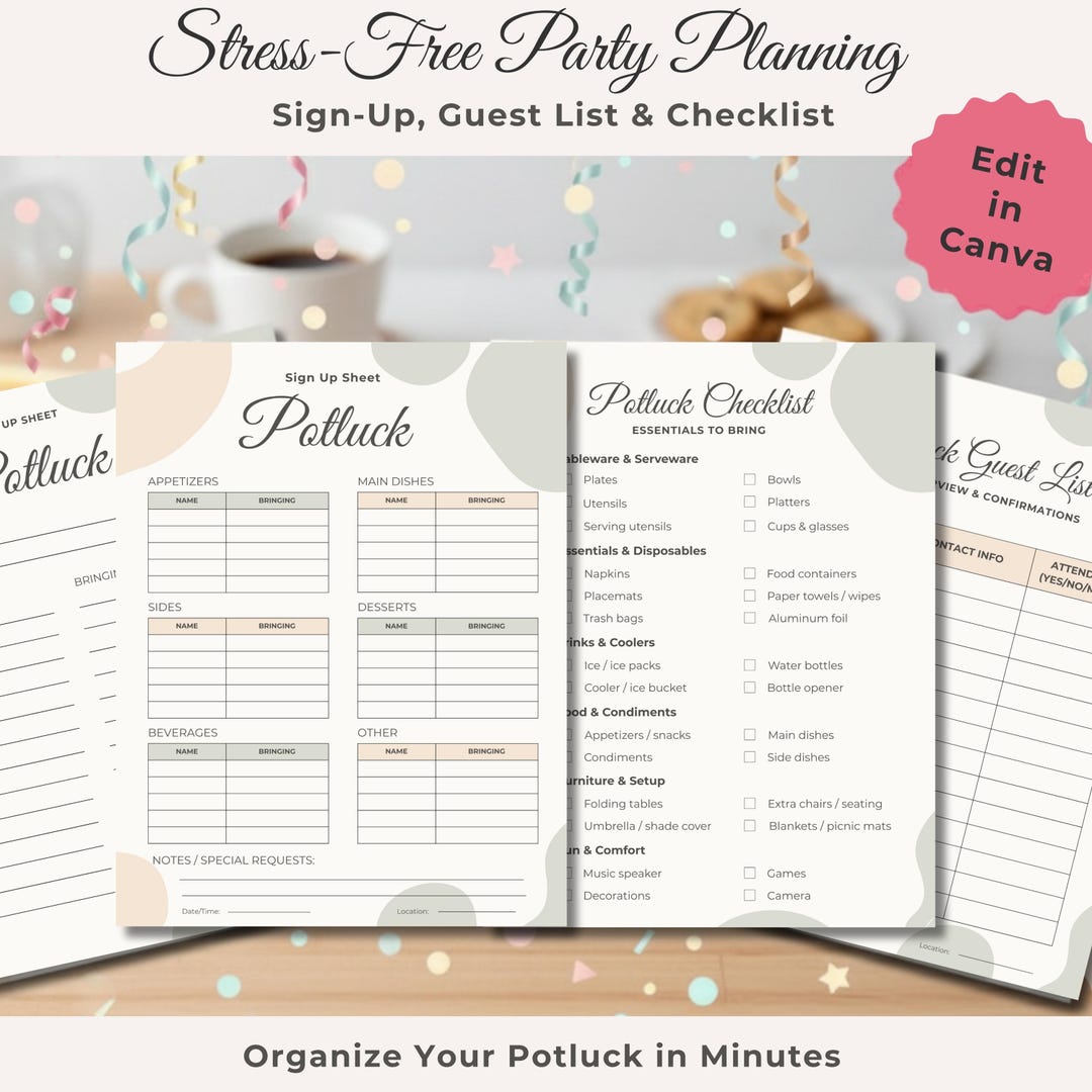 Potluck Sign-up Sheet, Checklist, Guest List | Printable Party Planner ...