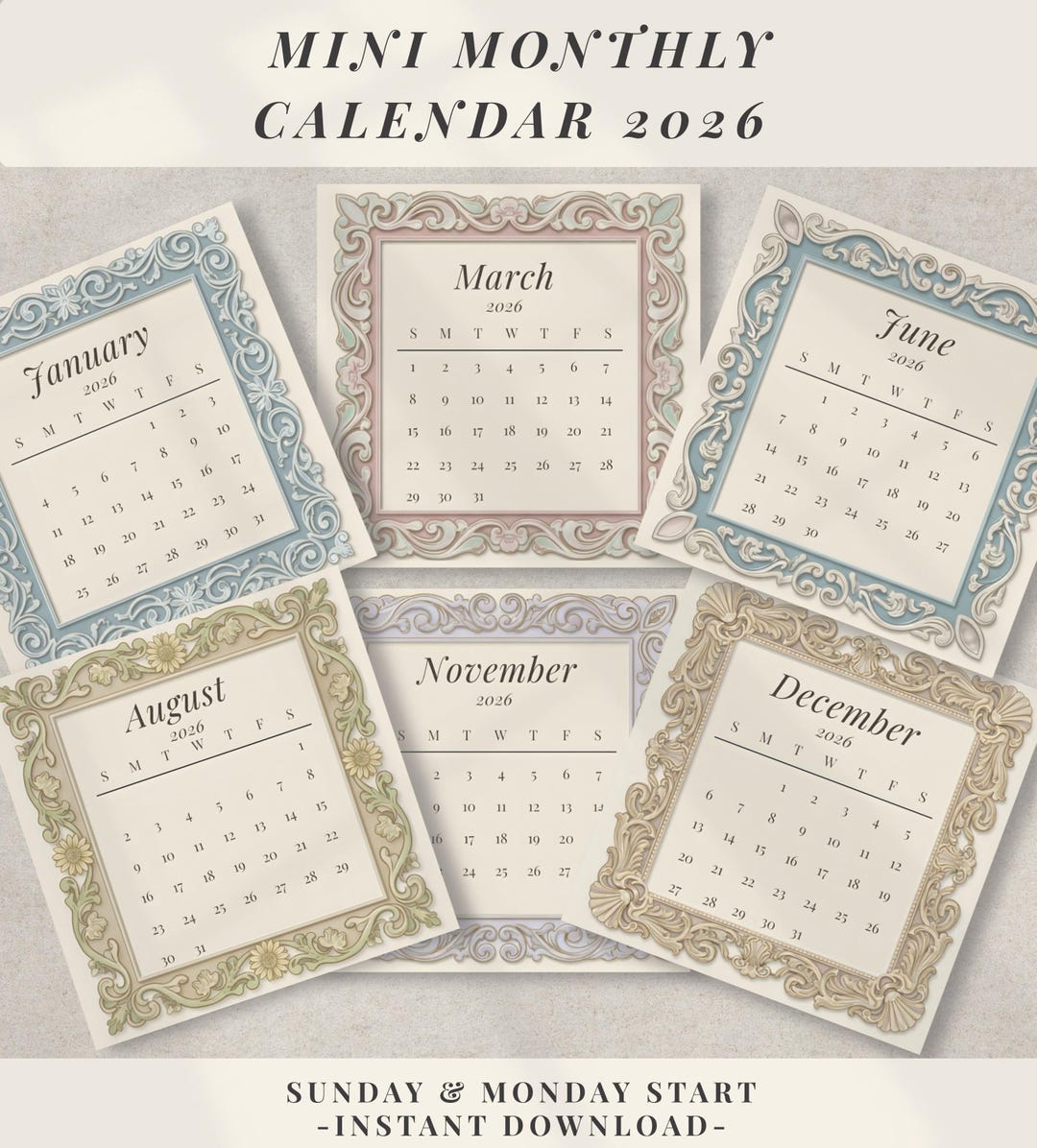 2026 Mini Calendar Printable | Decorative 3x3 Monthly Calendar Square ...
