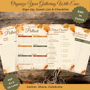 Anmälningslista för Thanksgiving-knytkalas, gästlista, checklista | Höstfestplanerare | Redigerbar | Utskrivbar för Friendsgiving (digital nedladdning)