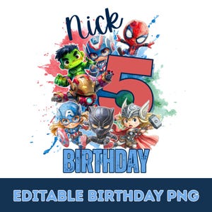 May include: A colorful graphic featuring cartoon superheroes, the number 5, and the name "Nick". The word "BIRTHDAY" is displayed in blue block letters. The image has a white background with splashes of red and blue.
