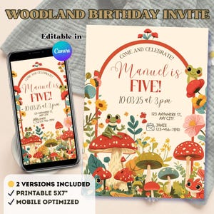 Woodland Birthday Invitation, Frog & Mushroom Party Invite, Editable Cottagecore Kids Birthday Template, Instant Download