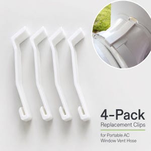 Puede incluir: Cuatro clips de repuesto blancos de plástico para manguera de ventilación de ventana de aire acondicionado portátil. Los clips tienen un diseño curvo con un gancho. El texto "4-Pack Replacement Clips" es visible.