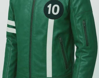 May include: Green leather jacket with white racing stripes and the number 10 patch. Features a zip-up front, zippered pockets, and a stand-up collar. A stylish outerwear piece.