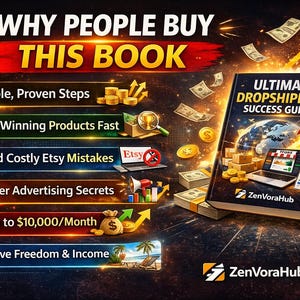 May include: An advertisement for a book titled "Ultimate Dropshipping Success Guide" with a rocket ship graphic. The image includes text that says "Why People Buy This Book" and lists steps to success, such as finding winning products and avoiding Etsy mistakes.