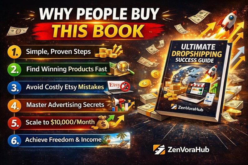 May include: An advertisement for a book titled "Ultimate Dropshipping Success Guide" with a rocket ship graphic. The image includes text that says "Why People Buy This Book" and lists steps to success, such as finding winning products and avoiding Etsy mistakes.